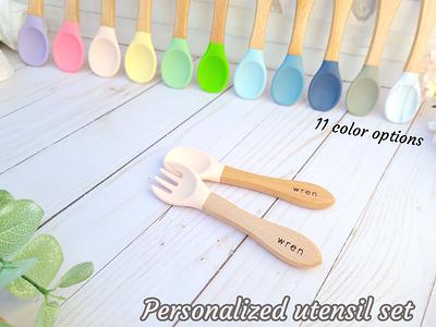 Personalized Silicone Set Utensils, Engraved Baby Utensils, Baby