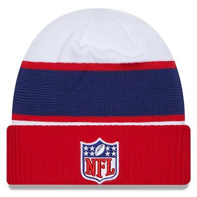 Men's New Era Cream/Navy New England Patriots 2022 Sideline Sport Cuffed  Pom Knit Hat