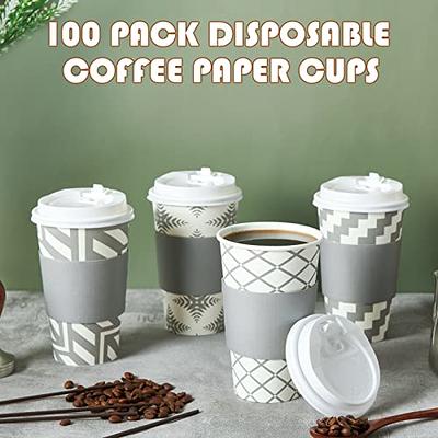 100 Sets] 12 oz Paper Coffee Cups, Disposable Coffee Cups with Lids,  Sleeves and Straws, Hot