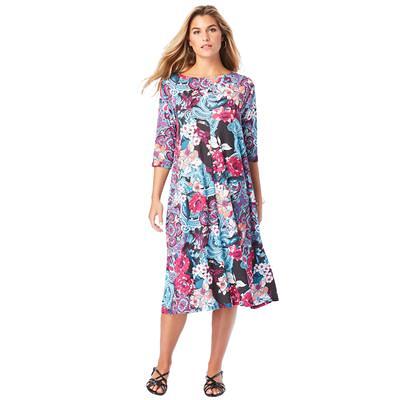 Plus Size Women's Ultrasmooth® Fabric Boatneck Swing Dress by Roaman's in  Ocean Paisley Garden (Size 14/16) Stretch Jersey 3/4 Sleeve Dress - Yahoo  Shopping