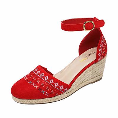 Allegra K Women's Espadrilles Tie Up Ankle Strap Wedges Sandals Red 8.5