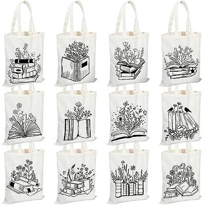 Sweetude 12 Pcs Canvas Tote Bags Bulk Reusable Flower Book Themed Tote Bag  Aesthetic Tote Book Lovers Gifts Cute Shopping Shoulder Bag for Women  Teacher School Library Gifts Grocery(12 Pcs, Stylish) 