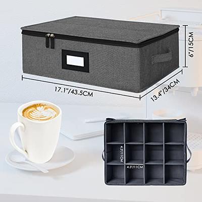 Lotfancy Cup and Mug Storage Box with Dividers & Hard Handles,Holds 12 Tea Cups, Gray, Size: 15.25 x 13 x 5