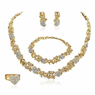 Women's Girls XOXO Hugs & Kisses Necklace Set - Ring Bracelet & Earrings  Jewelry Set 18k Real Gold Plated