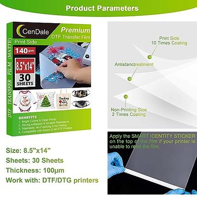 CenDale DTF Transfer Film 8.5x14 - 30 Sheets Premium Thick Double Sided  DTF Film for Sublimation