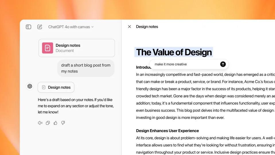 OpenAI 推出適合長篇文章或程式碼的介面「Canvas」