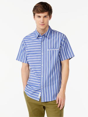 Free Assembly Men's Stripe Point Collar Shirt with Short Sleeves