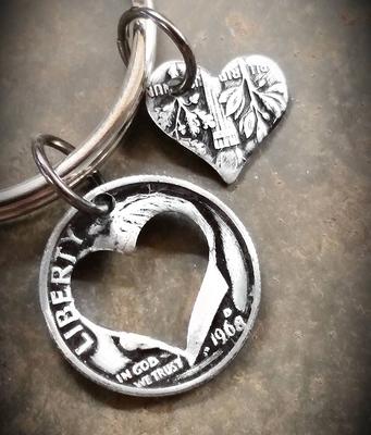 55Th Birthday 1968 Dime Heart Key Chain Anniversary Gift Coin