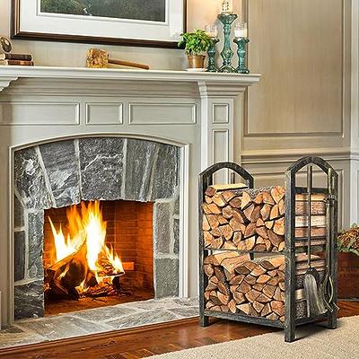Amagabeli Firewood Rack Indoor 5 Pieces Fireplace Tools Set Fire Wood  Holder with Tongs Poker Brush and Shovel Outdoor Log Rack Solid Wrought  Iron Fireplace Set Kit Wood Stove Accessories Bronze 
