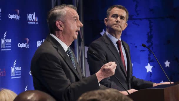 PHOTO: In this Sept. 19, 2017, file photo, Gubernatorial candidates Republican Ed Gillespie, left, and Democrat Lt. Gov. Ralph Northam debate in McLean, Va. (Washington Post via AP, FILE)