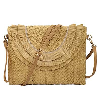 Frienda Straw Shoulder Bag Clutch Straw Crossbody Bag Beach Straw Handmade Bag Woven Rattan Bag for Women Envelope Wallet