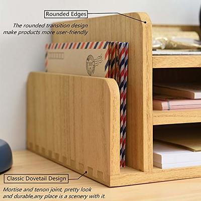 Classic Brown Wood Office Supplies Desk Organizer Rack with 3