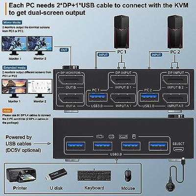 2 Port USB 3.0 KVM Switch Single Monitor DisplayPort 1.4 8K@30Hz 4K@14