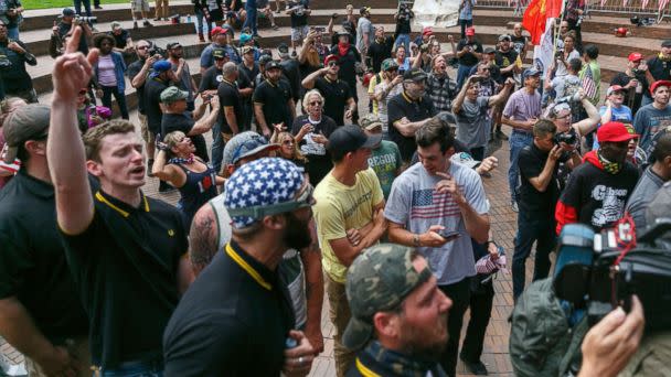 PHOTO: Alt-Right, Proud Boy, and 'Patriot Prayer' members staged a 'Freedom and Courage' rally and march in Portland, Oregon on June 30, 2018. (John Rudoff/Sipa USA via AP)