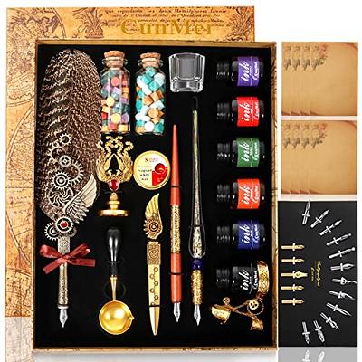 Anglekai Quill Pen and Ink Set, Calligraphy Feather Pen Set with Wax Seal Stamp, Ink, and Wax Seal Sticks, Replacement Nibs, Spoon, Envelope Letter
