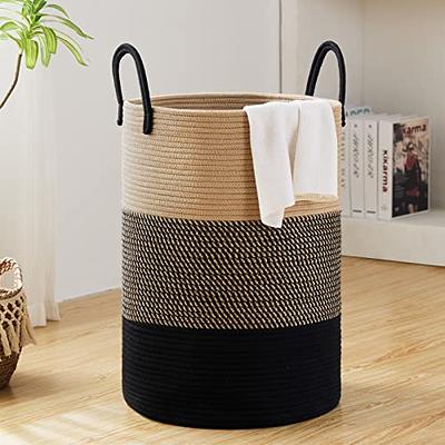 VIPOSCO Large Laundry Hamper, Tall Woven Rope Storage Basket for Blanket,  Toys, Dirty Clothes in Living Room, Bathroom, Bedroom - 58L White & Brown