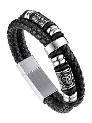 Men's 3-Layer Blue & Grey Braided Leather Bracelet with Stainless Steel