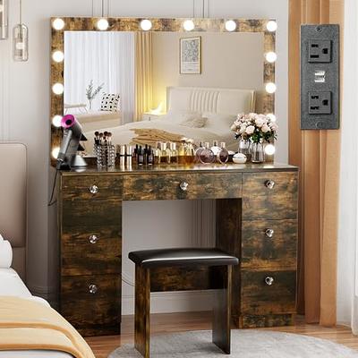  Irontar Vanity Desk with Large Mirror and 3-Color Lights,  Makeup Vanity with 8 Drawers & Open Shelf, Side Cabinet with Width  Adjustable, Makeup Table for Girls, Women, White WDT007W : Home