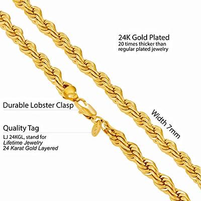 LIFETIME JEWELRY 7mm Rope Chain Necklace 24k Real Gold Plated for