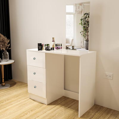 Ibbie Modern Vanity Table 7 Drawers Lights Mirror Crystal Knobs Glass Top  White Painted for Bedroom