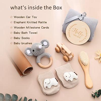 SYOSOF Baby Shower Gifts, New Born Baby Gifts for Girls Boys, Unique Baby  Gift Basket with Hooded Blanket, Wood Rattle, Soothing Doll, Wood Horse