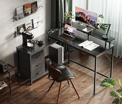 Huuger L Shaped Computer Desk with Power Outlets & LED Lights, Reversible Computer Desk with File Cabinet & Storage Shelves, Corner Desk Home Office