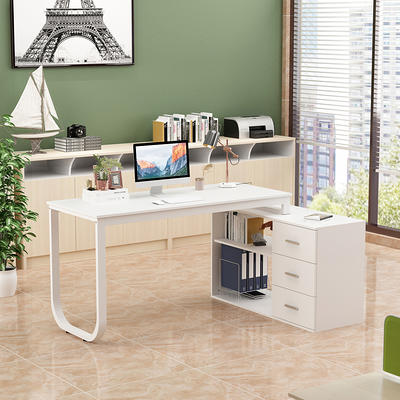 55.1 in. L-Shaped White Wood Writing Desk Executive Desk with USB Inte