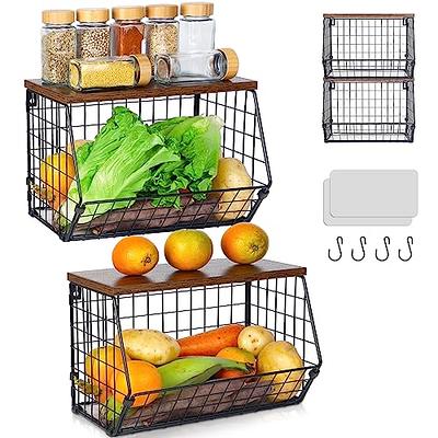 ] #ad Mefirt 2pcs Fruit Basket Onion Storage Wire Baskets with Wood  Lid, Stackable Wall Mounted Countertop Kitchen Counter Organizer for Snack,  Fruit and Vegetable Storage, 11.8 x 7.9 x 8.5 Inch