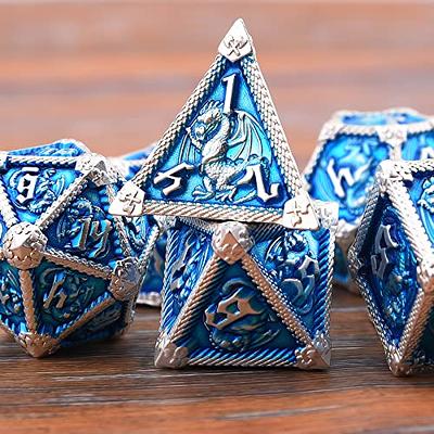 SHCKE Metal DND Dice Set Alloy Polyhedral Dice Set 7 pcs Blue Surface with  Sliver Number for Dungeons and Dragons RPG Role Playing Games 