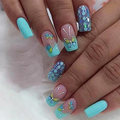 Pink Gradient Glitter Short Square Nails, Butterfly Rhinestone