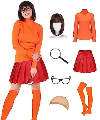 Women Velma Costume Adult Halloween Costume Cosplay Outfit with Bob Wig,  Red Skirt, Shirt, Glasses, Magnifier, Socks OU060XXL - Yahoo Shopping