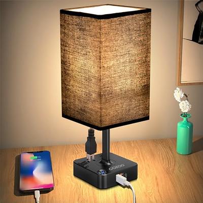 GGOYING Set of 2 Bedside Table Lamp, Pull Chain Table Lamp with USB C+A  Charging Ports, 2700K LED Bulb, Fabric Linen Lampshade, Nightstand Lamp for