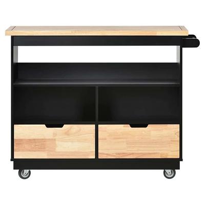 Runesay Black Rolling Mobile Kitchen Island with Solid Wood Top and Locking Wheels Storage Cabinet Drop Leaf Breakfast Bar