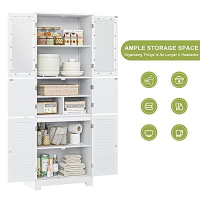 64” Bathroom Floor Storage Cabinet Large Freestanding Linen Tower Kitchen  Pantry Storage Cabinets with 2 Doors & Open Compartments for Kitchen Living