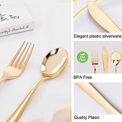 N9R 300pcs Gold Plastic Silverware Dinnerware Flatware- Heavyweight Gold  Plastic Cutlery Set, 100 Gold Forks, 100 Gold Spoons, 100 Gold Knives, Gold  Utensils for Party, Wedding,Birthday Gold-300Pack