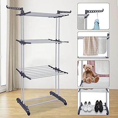 Premium Clothes Drying Rack, Foldable 2-Layer Stainless Steel Drying Rack,  Free Standing with Height Adjustable Wings, Stainless Steel, Sock Clips