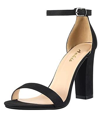 Ankis Black Heels for Women - Open Toe Ankle Strap Chunky High