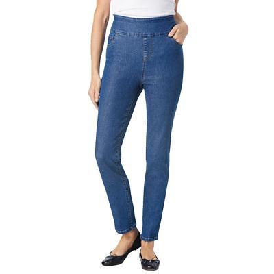 Jessica London Women's Plus Size Straight Leg Stretch Jeans Elastic Waist -  24 P, Medium Stonewash Blue