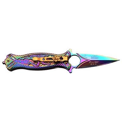 Rainbow Ornate Steel Roses Spring Assisted Pocket Knife