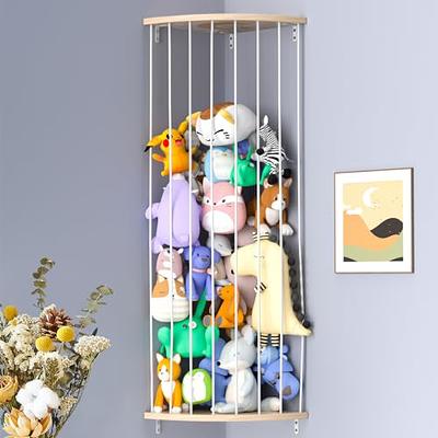 Stuffed Animal Storage, Wood Soft Toy Shelf with Adjustable Length Nursery Toy Organizer Hammock, Hanging Corner Net Stuffed Animal Holder, Plush