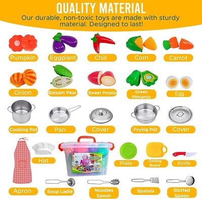  FUNERICA Toddler Kitchen Accessories Playset with Cutting Food  Vegetables and Stainless-Steel Play Pots - Pretend Kids Cooking Utensils -  Apron & Chef Hat - Toy Knife & Cutting Board for Girls