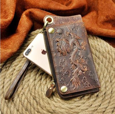 Wallet Carved Dragon, Long Leather Wallet Cow Hide 3 Dimension