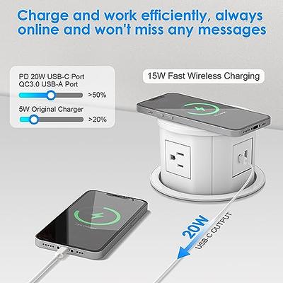 Automatic Pop up Outlet for Countertop with 15W Wireless Charger, 4 Hole  Hidden Recessed Pop Up Socket,PD 20W USB C,2 TR AC Plug,2 USB A Desk