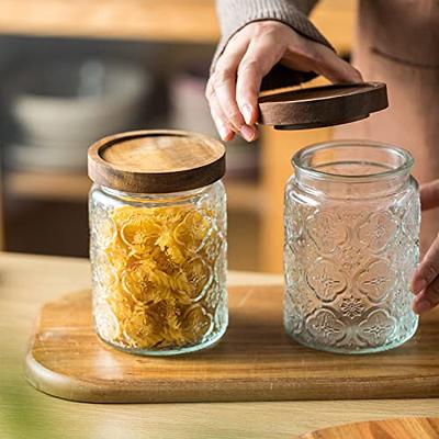 6 Glass Food Storage Containers with Wood Lids 24 oz Airtight Vintage Glass  Jar with Lid Decorative Candy Cookie Jar Clear Glass Canisters Kitchen Storage  Jars for Coffee, Sugar, Spice, Flour