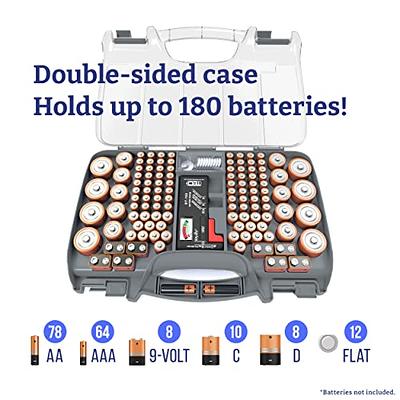 The Battery Organizer Storage Case with Hinged Clear Cover Includes A Removable Battery Tester Holds 93 Batteries Various Sizes