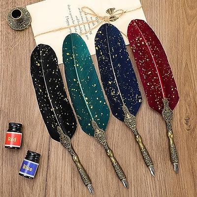 Feather Quill Pen Vintage Feather Dip Ink Pen Set Copper Pen Stem Writing Quill Pen Calligraphy Pen As Christmas Birthday Gift Set (Blue)