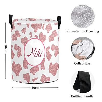 BigBigift Pink Cow Print Laundry Hamper Personalized with Name