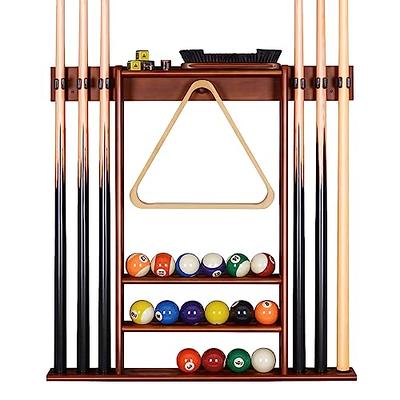 Wall Mounted Dark Brown Wood Pool Cue Stick Holder Rack for 6 Cues with  Billiard Ball Storage Shelf, 3-Piece Set