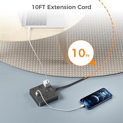 10FT Ultra-Thin Extension Cord,6 Wide-Spaced Outlets 3 USB Ports