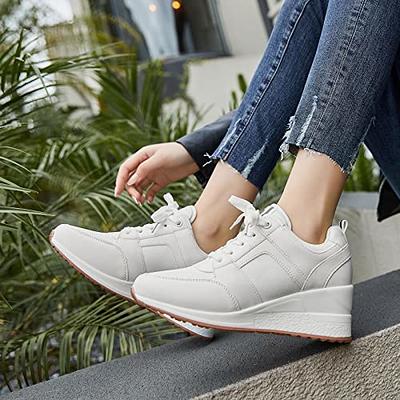 Wedge Sneaker for Women High Heel Lace Up Platform Sneakers Walking Shoes  White 9 